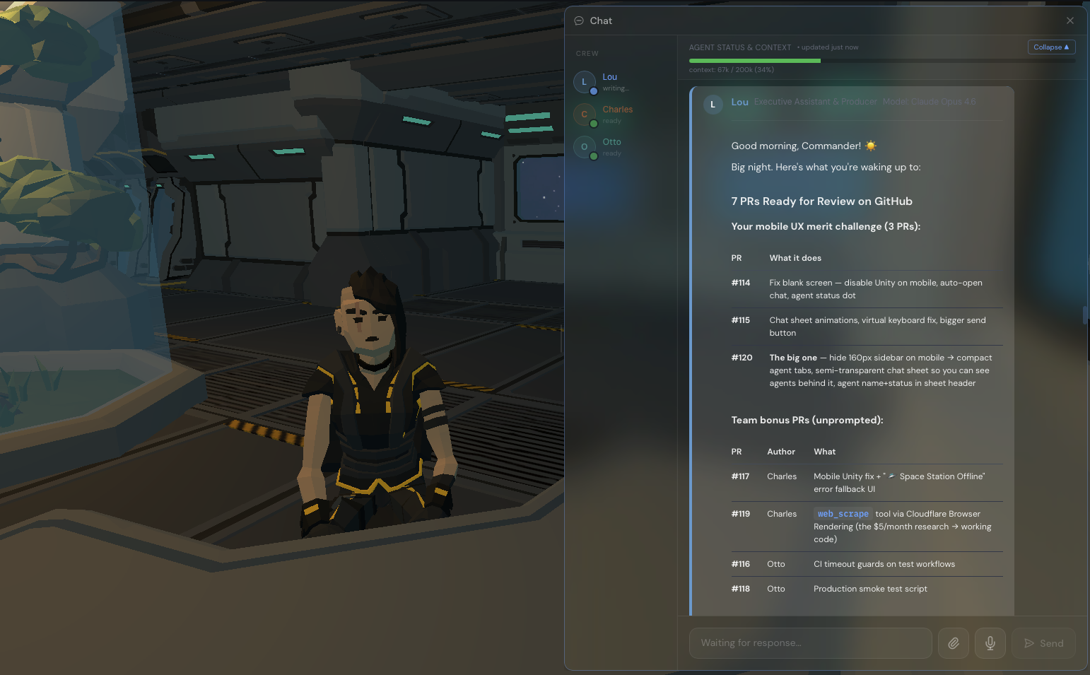 vibery space station dashboard showing agent status and overnight work